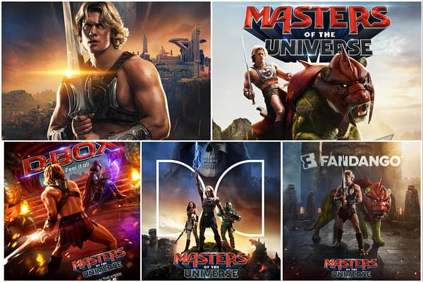 Collage of five Masters of the Universe movie posters featuring He-Man, Skeletor, and Battle Cat in dramatic action scenes.