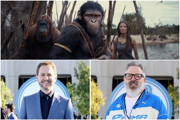 Promotional collage for a Planet of the Apes feature, with three ape characters in a dramatic shoreline scene above two smiling men at a public event below.