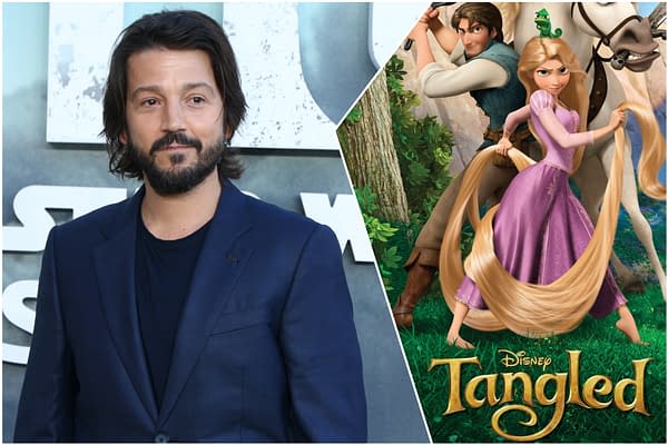 Diego Luna poses beside a Tangled poster featuring Rapunzel, Flynn Rider, and Maximus.