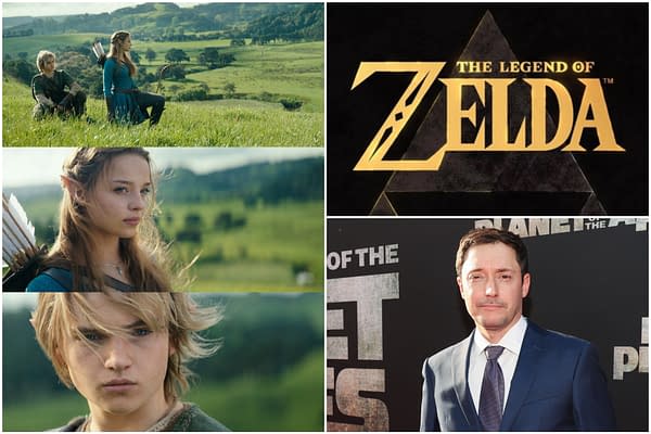 Collage featuring The Legend of Zelda logo, Link and Zelda in a grassy landscape, and actor images from the film adaptation.
