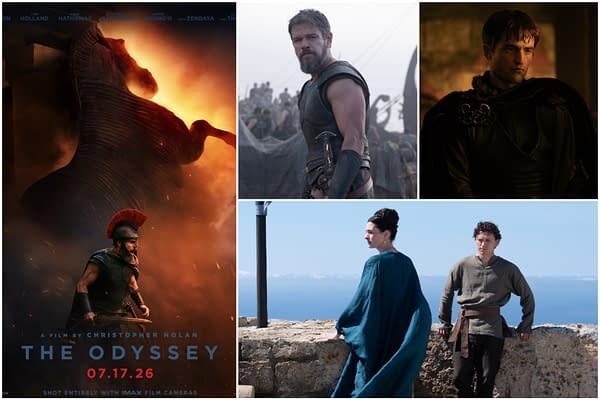 Promotional collage for The Odyssey showing epic ancient-Greece scenes and characters, including a dramatic fiery poster with a warrior, close-ups of armored men, and two figures on a seaside cliff.