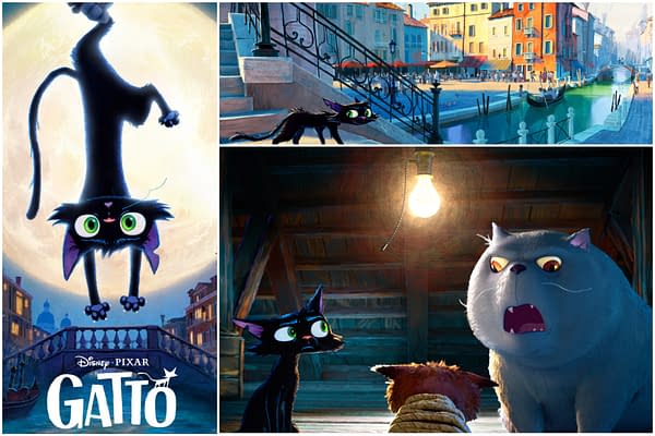 Collage of Gatto teaser art featuring a black cat, colorful Venice-style canals, and a tense scene with a large white cat in a wooden interior.