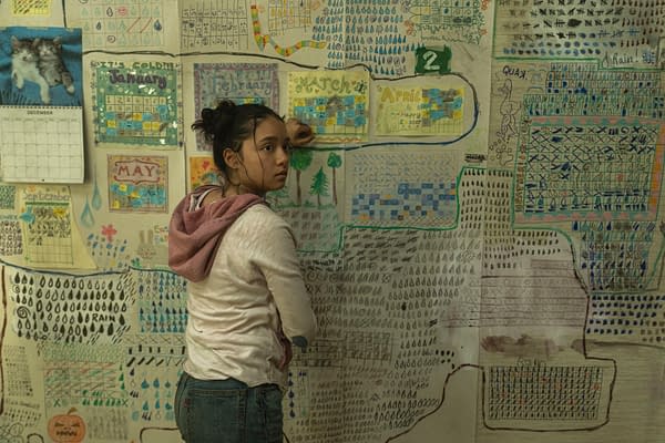Emma Ho as Ruth stands in front of a large hand-drawn wall map filled with months, rainfall symbols, and tally marks in The Last House.