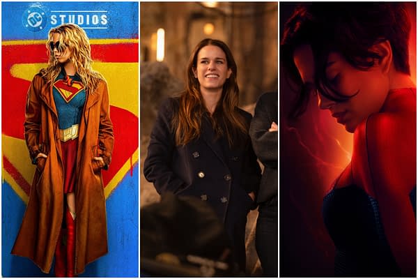 Three-panel Supergirl feature image showing the heroine in costume, a smiling woman in a dark coat, and a dramatic red-lit close-up of Supergirl.