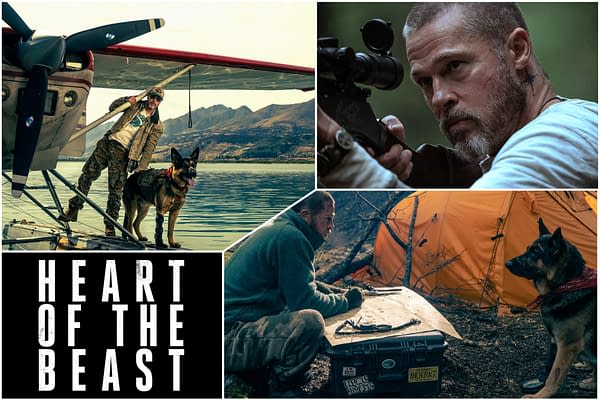Collage-style feature image for Heart of the Beast showing a rugged man and his German shepherd beside a floatplane, a close-up of him aiming a rifle, and a campsite scene with an orange tent.