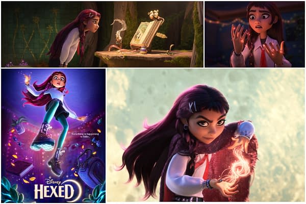A Hexed feature collage shows a magical animated girl discovering glowing powers and a spellbook, with the Hexed title on the poster.