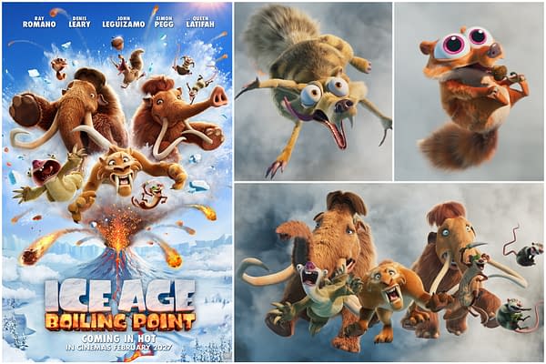 Promotional collage for Ice Age: Boiling Point showing Scrat and the Ice Age characters tumbling through an erupting volcanic blast. The poster includes the title and
