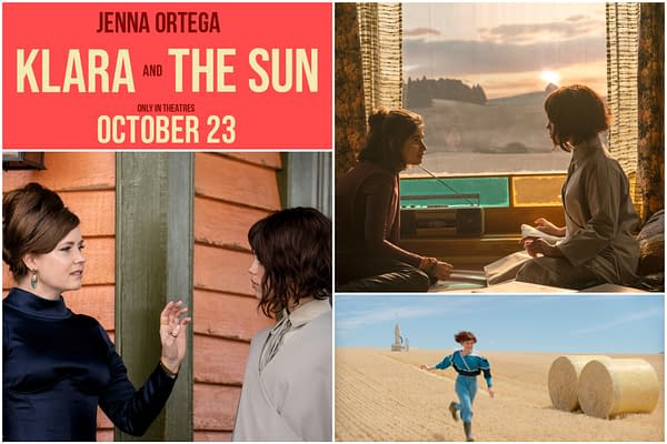 Collage for Klara and the Sun featuring Jenna Ortega, with a red title card, a close conversation between two women, and a girl running through a sunlit field.