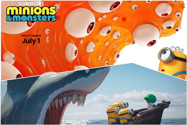 Illustrated Minions and Monsters poster showing a giant shark attacking a small boat with Minions and Goomi, with the title and July 1 release date.