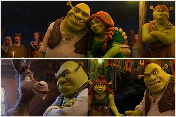 Shrek 5 promotional collage showing Shrek and Fiona together, Donkey facing Shrek, and other ogres in a dimly lit fantasy setting.