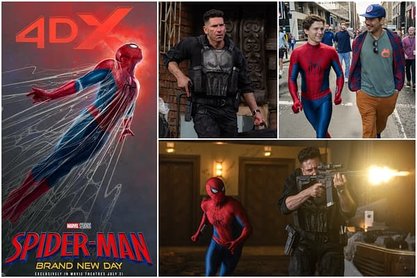 Spider-Man: Brand New Day collage featuring Spider-Man, Frank, and Peter in action scenes and behind-the-scenes moments.