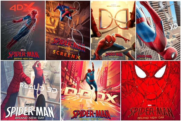 A collage of Spider-Man Brand New Day poster variants showing Spider-Man swinging through New York City, with bold Marvel branding and different premium-format logos like 4DX, ScreenX, Dolby Cinema, XD, RealD 3D, and D-Box.