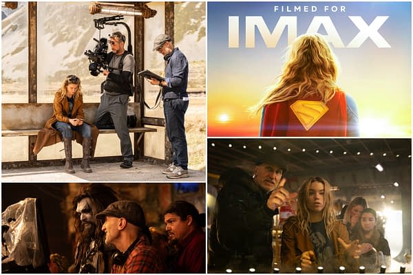 Collage of Supergirl behind-the-scenes photos, including the actress on set with the crew and an IMAX promotional shot of Supergirl seen from behind at sunset.