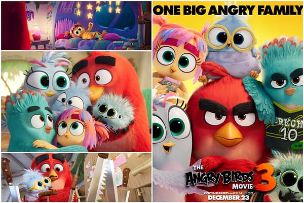 Promotional collage for The Angry Birds Movie 3 featuring the colorful bird characters, with the tagline