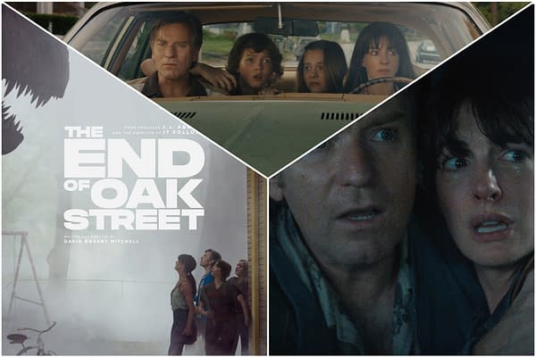 Collage-style feature image for The End of Oak Street showing a family in a car, a foggy suburban scene with the title, and a tense close-up of two worried faces.