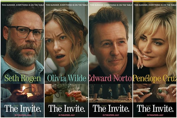 Four character posters for the movie The Invite, featuring Seth Rogen, Olivia Wilde, Edward Norton, and Penélope Cruz, with the tagline