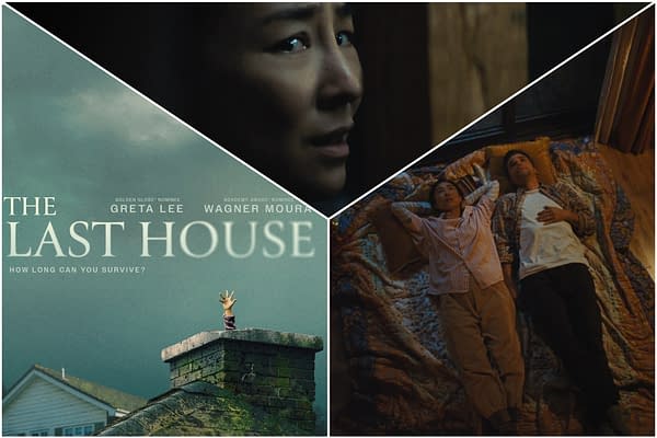Collage-style feature image for The Last House, showing a tense close-up of a man, the film title over a rooftop scene with a raised hand, and a couple lying on a bed.