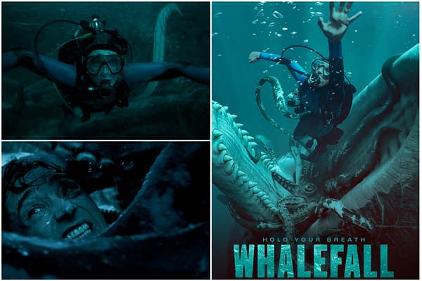 Promotional poster for Whalefall showing a scuba diver trapped underwater with a giant whale in a tense, dark blue collage.