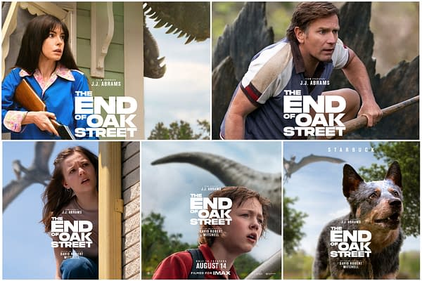 Character poster collage for The End of Oak Street, showing several worried people and a dog with giant dinosaur-like creatures looming in the background.