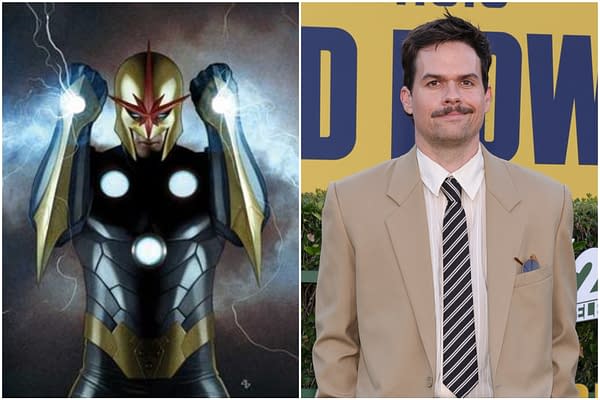 Split promotional image featuring comic character Nova on the left and Michael Waldron at a red carpet event on the right.