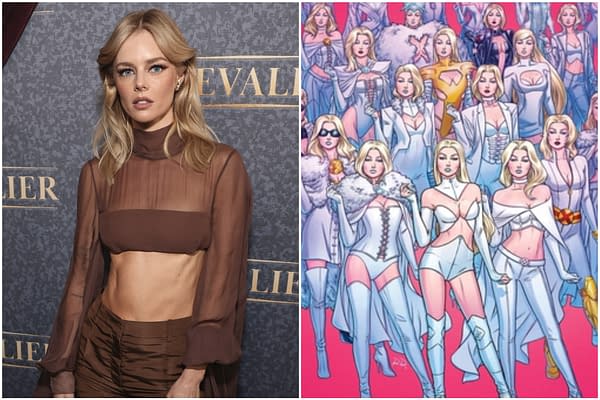 Samara Weaving poses at an event beside an illustration of Emma Frost and other X-Men characters.