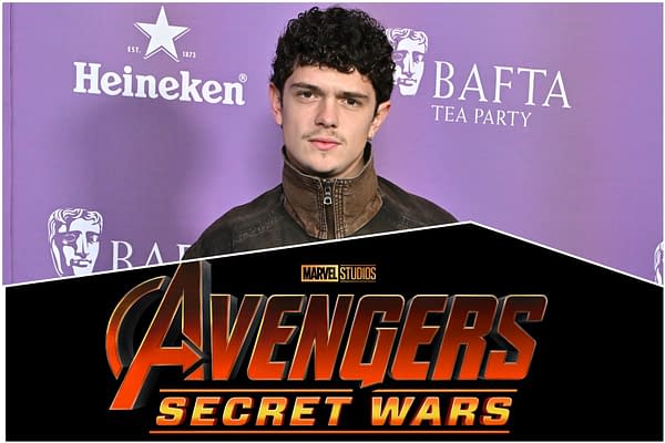 Noah Jupe at a BAFTA Tea Party event, overlaid with the Marvel Studios Avengers: Secret Wars logo.