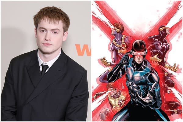 Kit Connor in a suit beside X-Men comic art of Cyclops and his optic blasts.