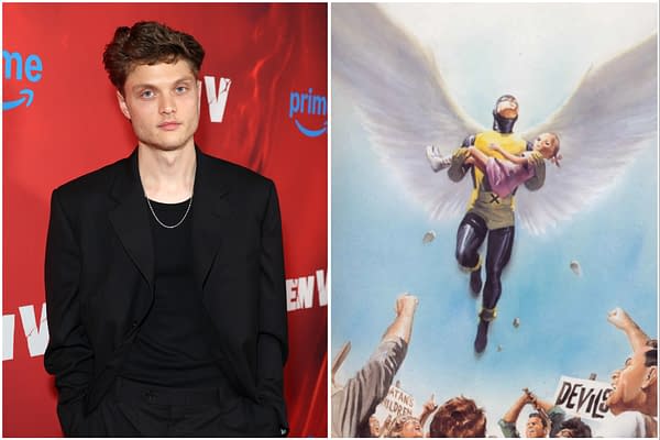 Asa Germann poses in a black suit beside a classic X-Men comic-style illustration with a winged hero carrying a child above a crowd.