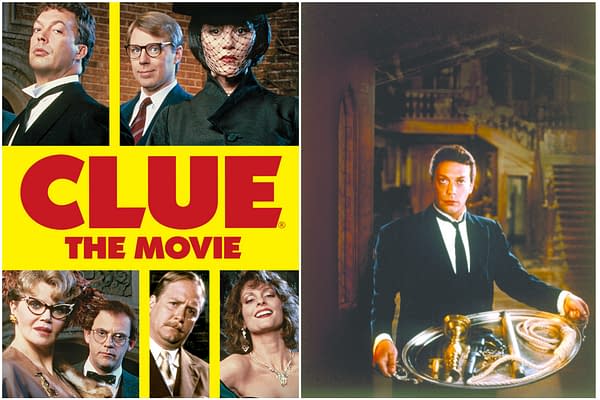 Clue movie collage featuring the cast and a butler holding a tray of murder weapons.