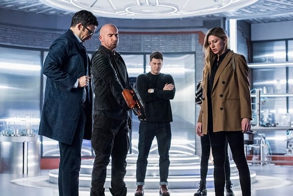 Adam Tsekhman as Agent Gary Green,  Dominic Purcell as Mick Rory/Heatwave, Nick Zano as Nate Heywood/Steel, and Jes Macallan as Ava Sharpe in DC's Legends of Tomorrow, courtesy of The CW.