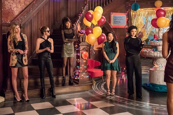 Jes Macallan as Ava Sharpe,  Caity Lotz as Sara Lance/White Canary, Maisie Richardson-Sellers as Charlie, Jennifer Tong as Inez, and Briana Skye as Sil in Legends of Tomorrow, courtesy of The CW.