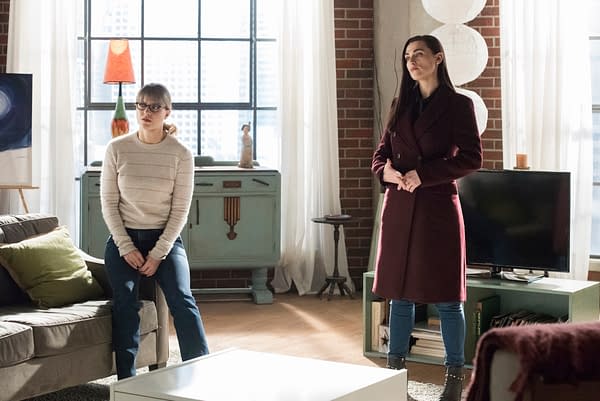 Melissa Benoist as Kara/Supergirl and Katie McGrath as Lena Luthor on Supergirl, courtesy of The CW.