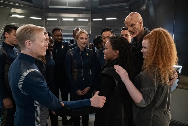 Pictured: Finally reunited, Burnham and the U.S.S. Discovery crew journey to Earth, eager to learn what happened to the Federation in their absence on the the CBS All Access series STAR TREK: DISCOVERY. Photo Cr: Michael Gibson/CBS ©2020 CBS Interactive, Inc. All Rights Reserved.
