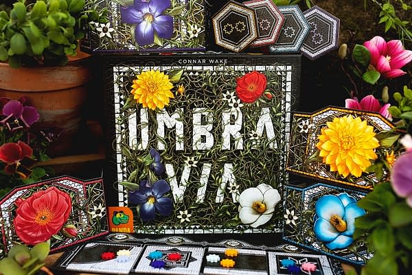 The box art for Pandasaurus Games' new board game, Umbra Via.