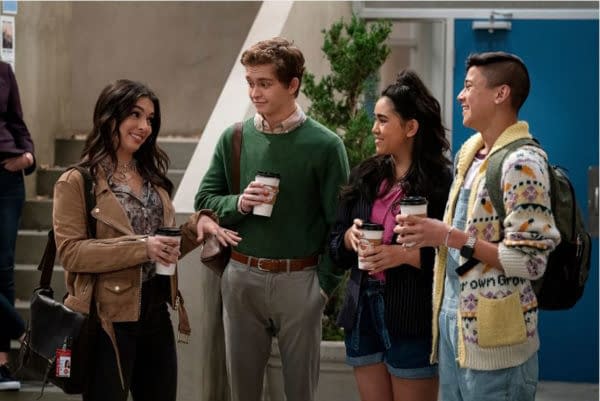 Isabella Gomez, Gavin Lewis, Jolie Hoang Rappaport, and Adrian Matthew Escalona in Head of the Class (2021). Image courtesy of Nicole Wilder / HBO Max / WarnerMedia