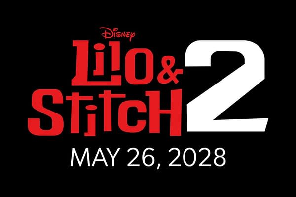 A promotional logo for 'Lilo & Stitch 2,' featuring bold red lettering on a black background. The release date, 'May 26, 2028,' is displayed prominently below the title.
