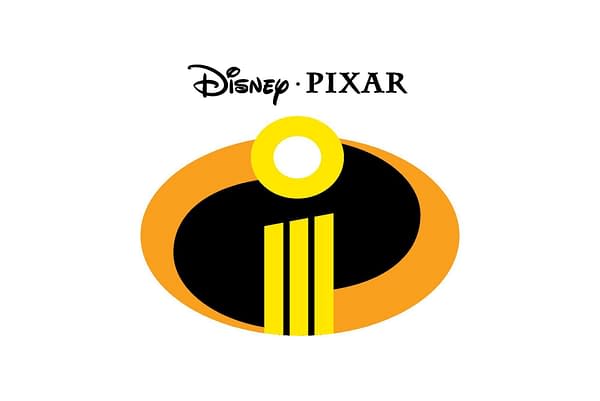 Logo for Incredibles 3 featuring the iconic yellow and black color scheme within an oval shape, with the word 'Disney' and 'PIXAR' above it.
