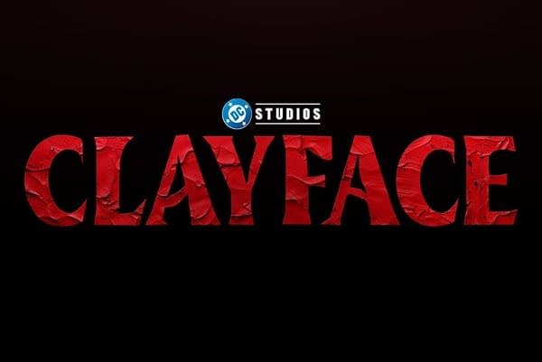 The official poster for 'Clayface' features the title in bold, textured red lettering against a dark background, with the 'DC Studios' logo above the title.