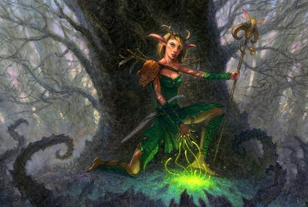 The artwork for Devoted Druid, a card from Shadowmoor, an expansion set for Magic: The Gathering. Illustrated by Darrell Riche.
