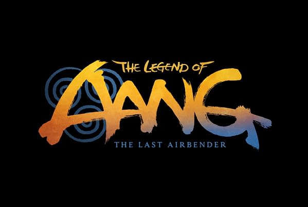 A logo for 'The Legend of Aang: The Last Airbender,' featuring stylized, colorful lettering with swirling water symbols in the background.