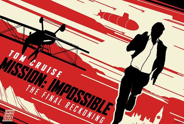 A graphic poster for 'Mission: Impossible – The Final Reckoning' featuring a silhouette of a man running with a plane and submarine in the background, highlighted by bold red and cream colors. Tom Cruise's name is prominently displayed at the top.