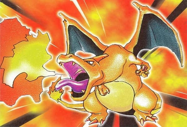 The iconic full art of Charizard from the Base Set of the Pokémon Trading Card Game, one of the mainstays of the trading card market on eBay. Illustrated by Mitsuhiro Arita.
