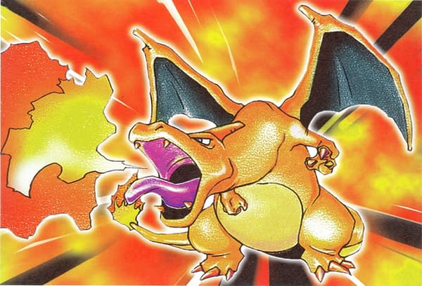 The artwork for the original Charizard card from the Pokémon Trading Card Game. Illustrated by Mitsuhiro Arita.