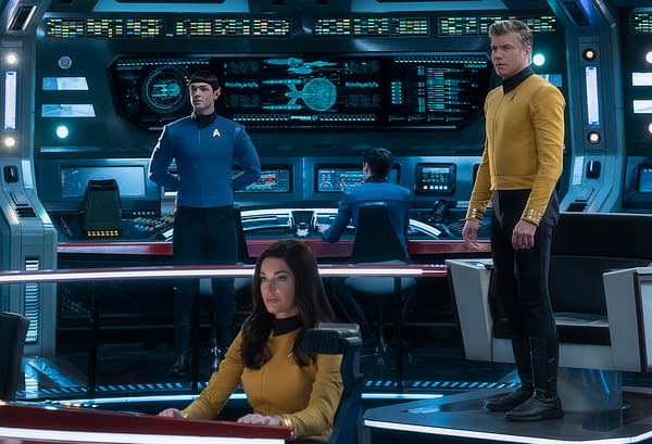 "Q&A" -- Episode SF #007 -- Pictured (l-r): Ethan Peck as Spock; Rebecca Romijn as Number One; Anson Mount as Captain Pike of the the CBS All Access series STAR TREK: SHORT TREKS. Photo Cr: Michael Gibson/CBS ©2019 CBS Interactive, Inc. All Rights Reserved.