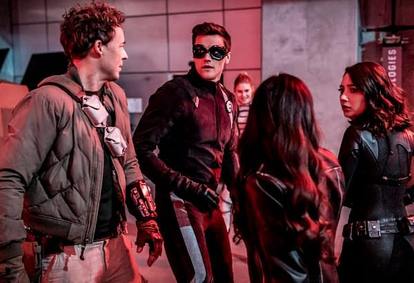 Tom Cavanagh as Nash Wells, Hartley Sawyer as Elongated Man, Kayla Compton as Allegra, and Natalie Dreyfuss as Sue in The Flash, courtesy of The CW.