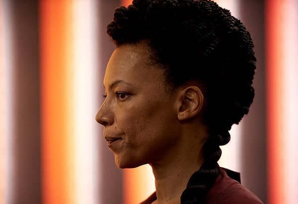 BRAVE NEW WORLD -- Episode 108 -- Pictured: Nina Sosanya as Mustafa Mond -- (Photo by: Steve Schofield/Peacock)