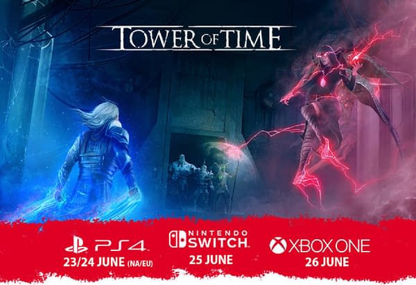 Key art for Digerati and Event Horizon's indie game Tower of Time, along with its launch dates for consoles.