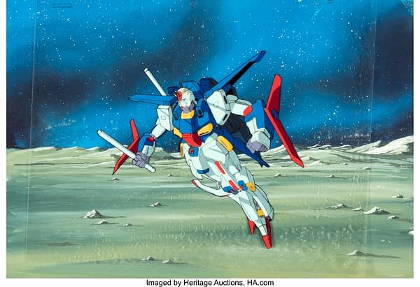 The 1986-87 production cel from the anime series Mobile Suit Gundam ZZ. This item depicts a large fighting Gundam mech and is currently being auctioned at Heritage Auctions.