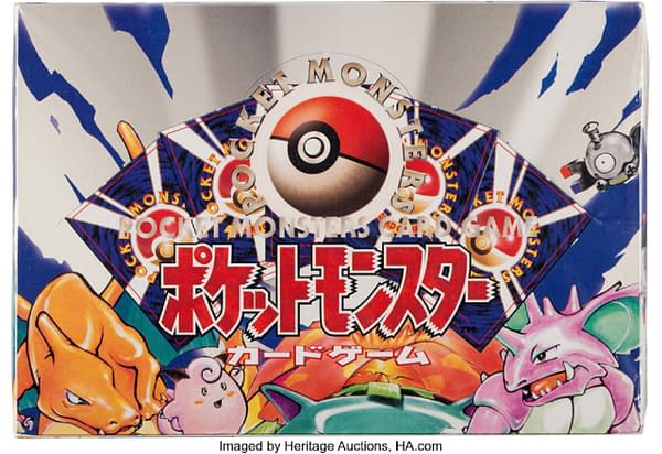 The front lid of the Japanese booster box of Base Set Pokémon TCG cards, currently being auctioned off at Heritage Auctions.