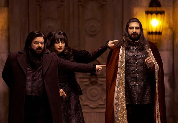 Laszlo and Nadja don't hesitate to put it all on Nandor in What We Do in the Shadows, courtesy of FX.